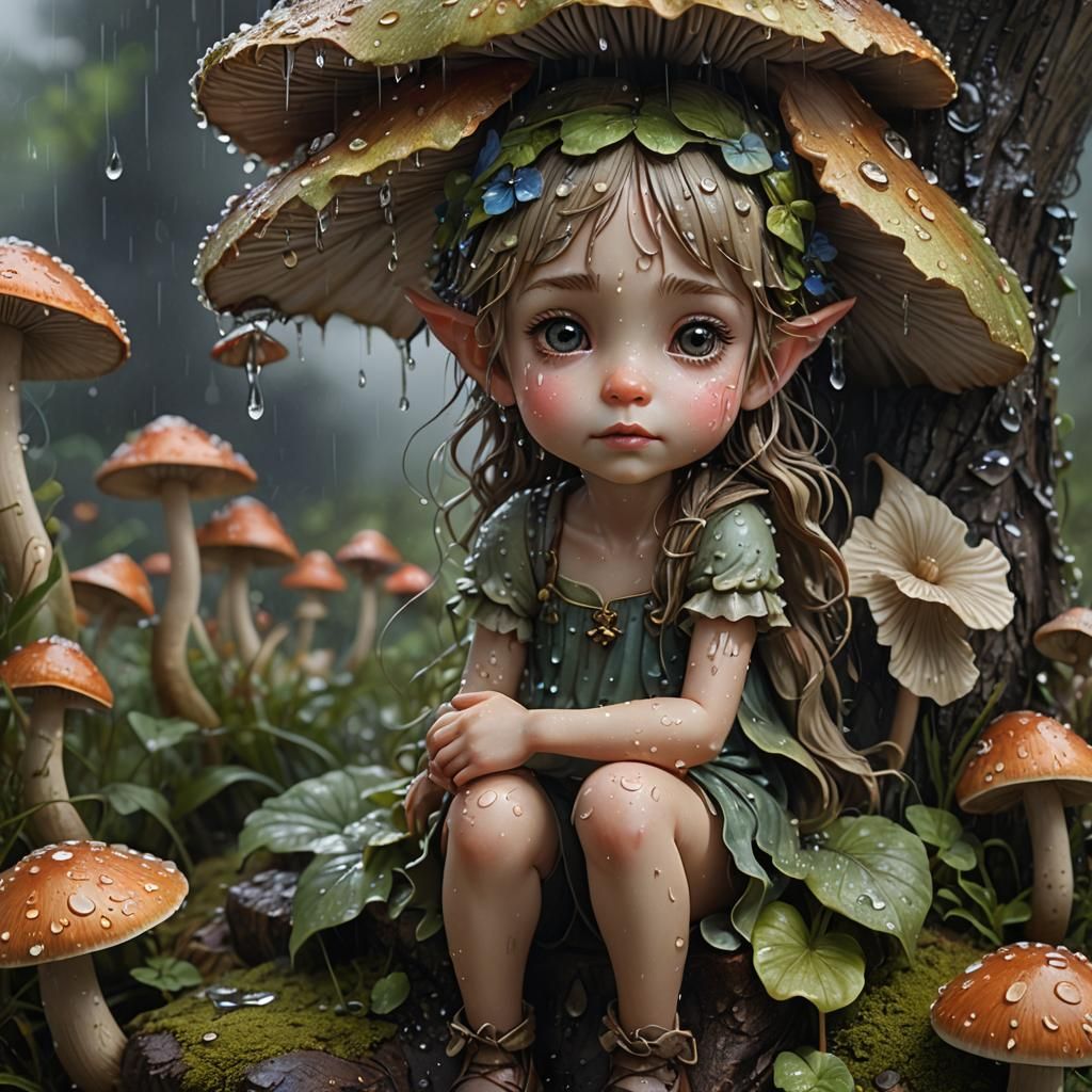 Child Fairy Shelters from Rain Under Mushroom