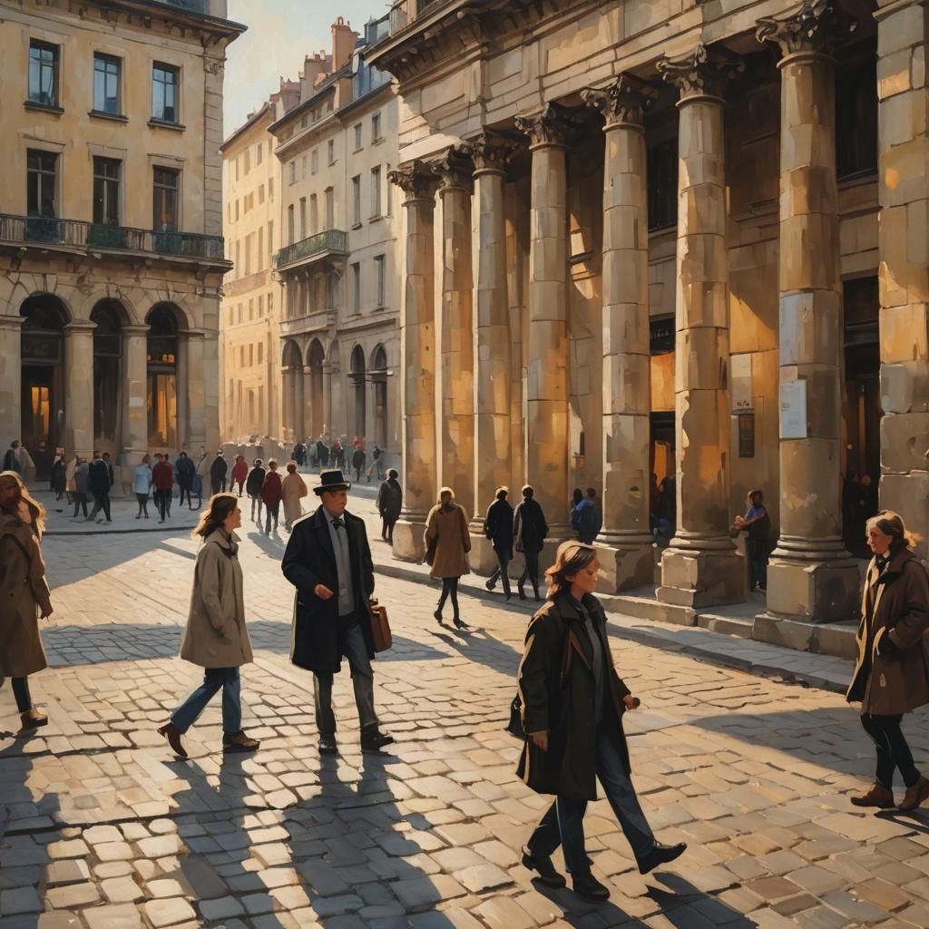 Impressionist Cityscape with Stone Columns in Sunlight