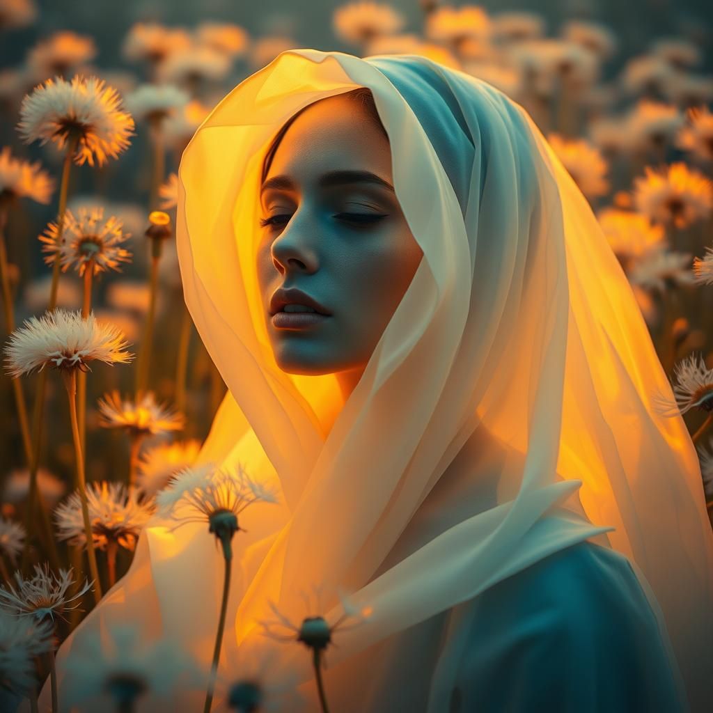 Ethereal Woman in Dandelion Dreamscape, Infrared Photography