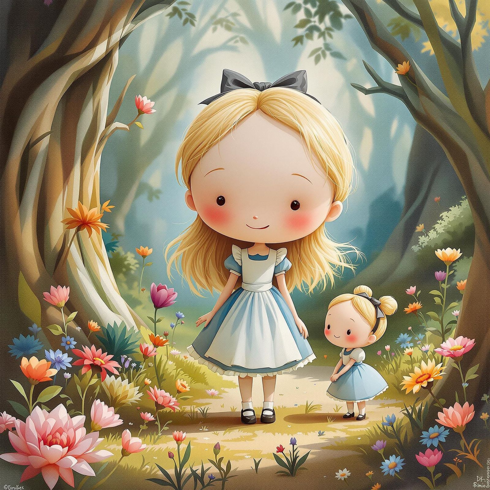 Whimsical Alice in Wonderland Scene in Pastel Hues