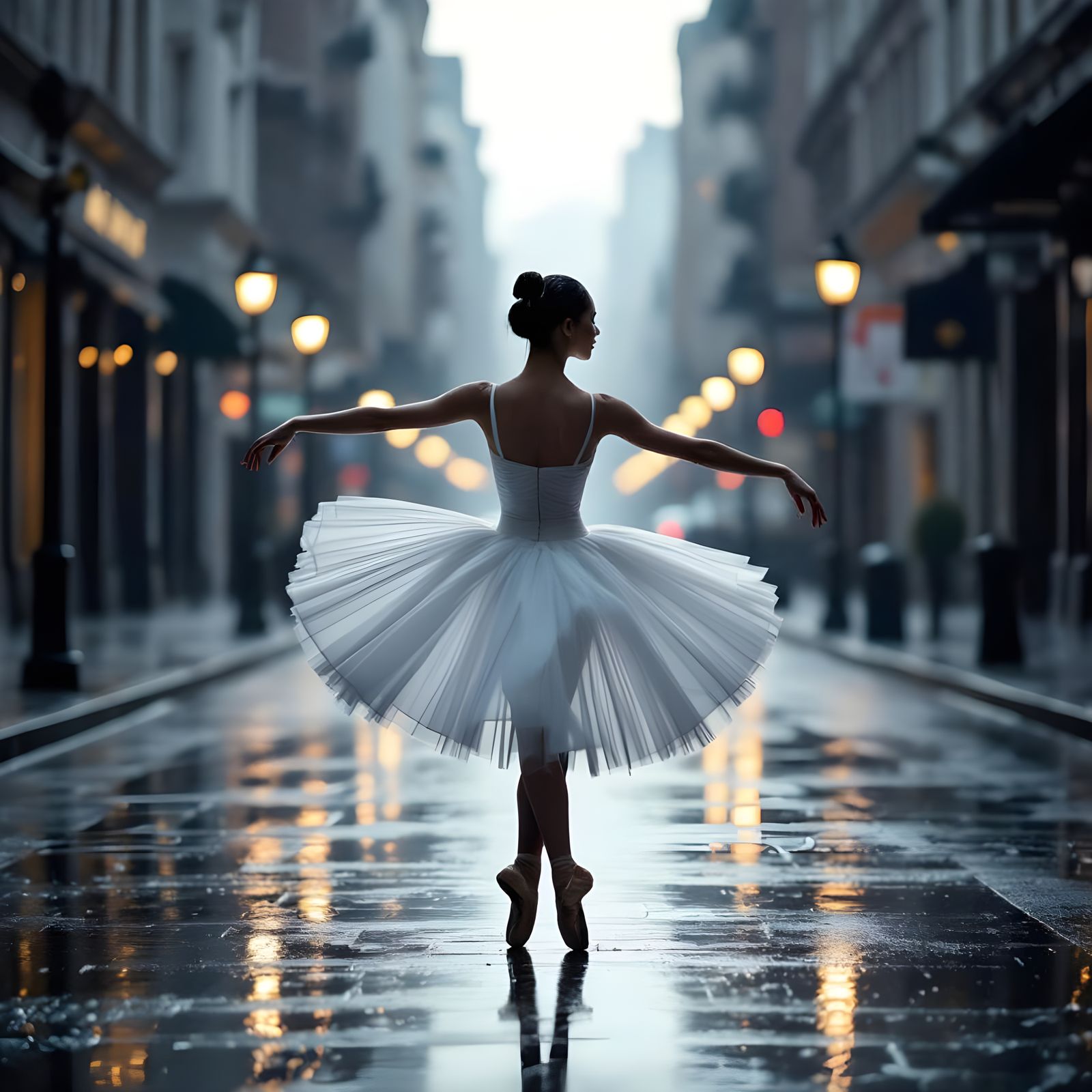 Ballerina's Dawn: Hyperrealistic Dance on City Street