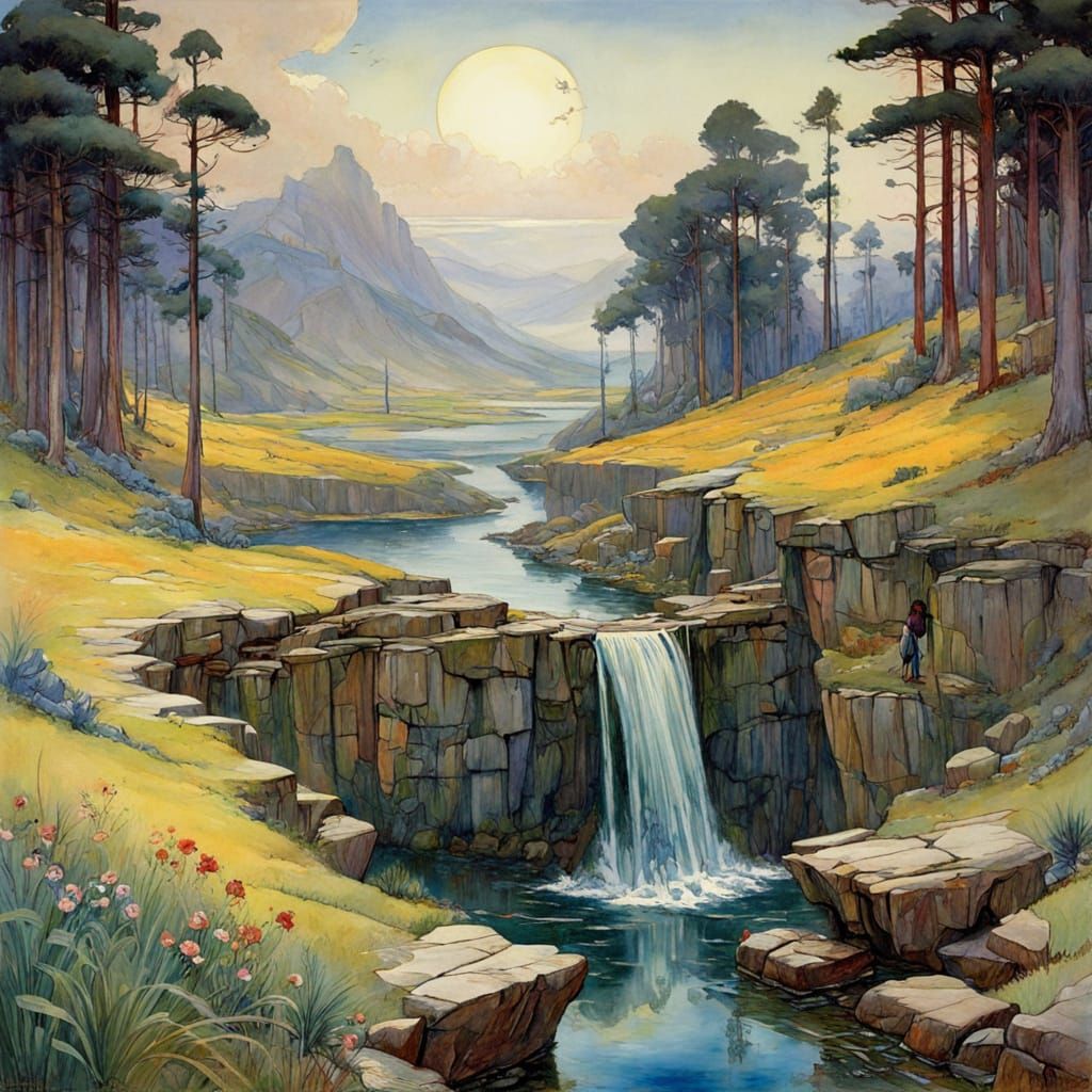 Whimsical Waterfall Scene in Vibrant Watercolors