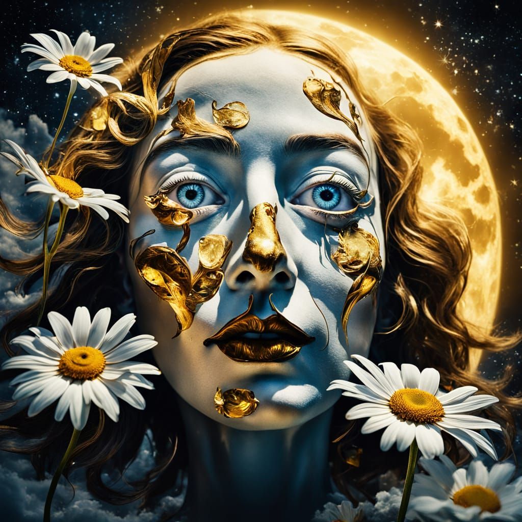 Surreal Daisy Face Under Moon, Salvador Dali Style
