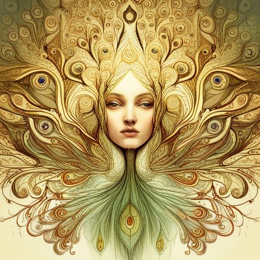 Detailed Peacock with Golden Outlines in Digital Painting