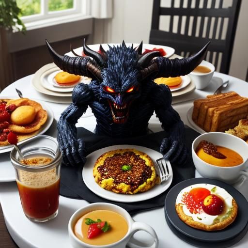 Demonic Offering: A Surreal Breakfast Still Life
