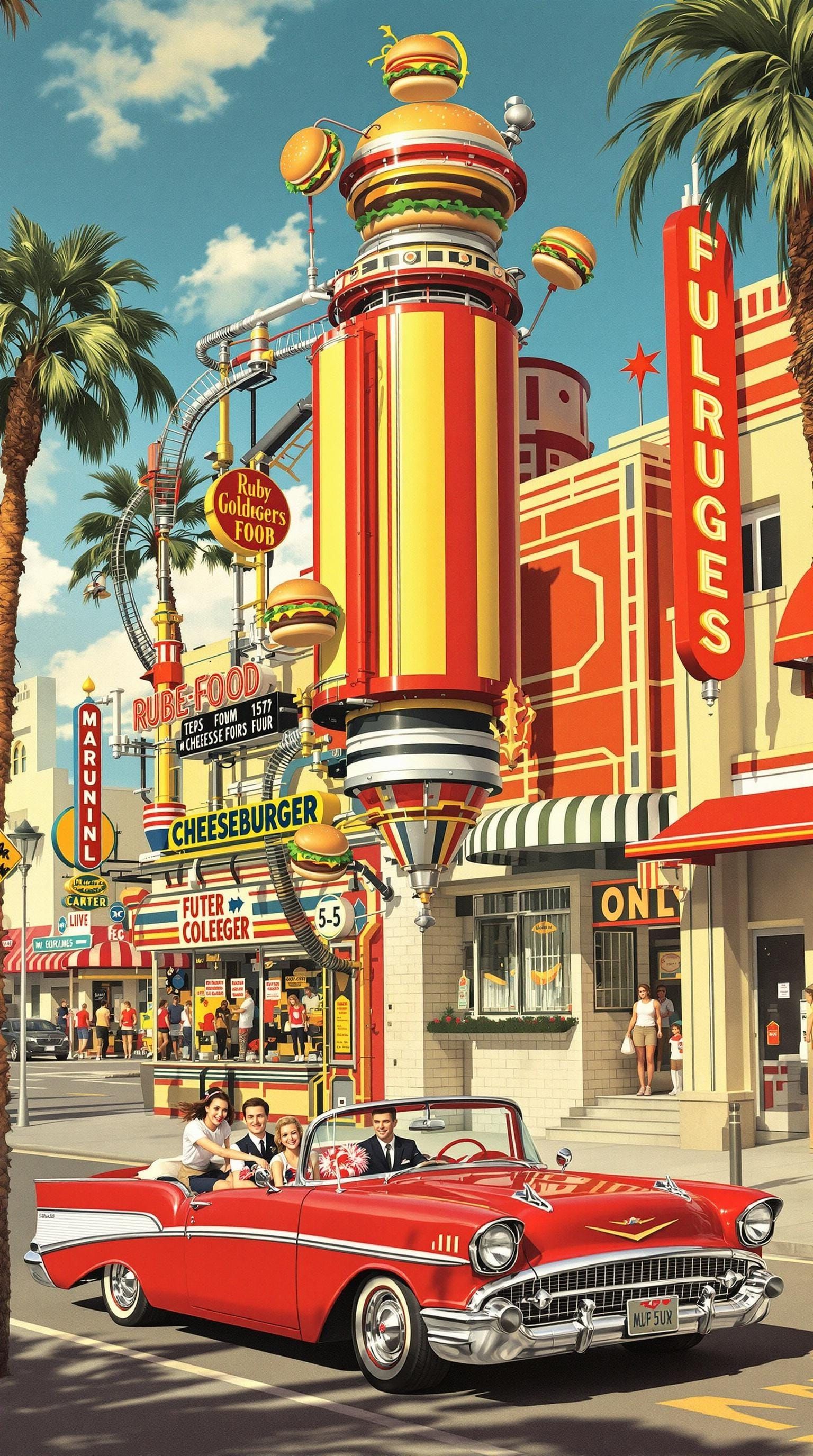 Cheesy Rube Goldberg in Art Deco Town