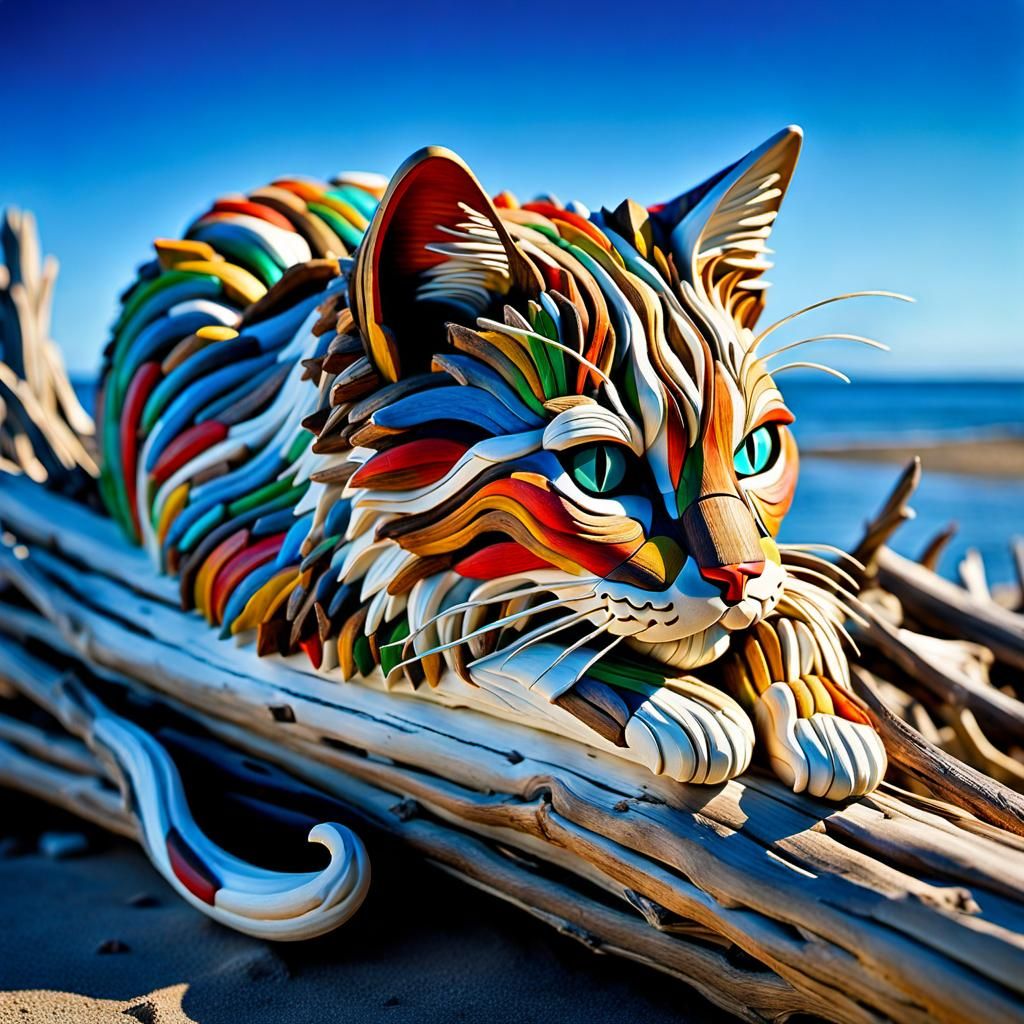 a cat sleeping on driftwood