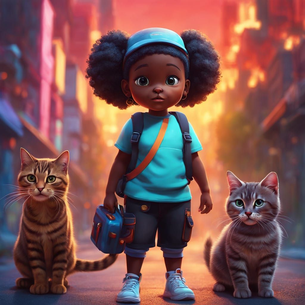 Vibrant Graffiti Girl Plays with Kitties in a Bright, Polych...