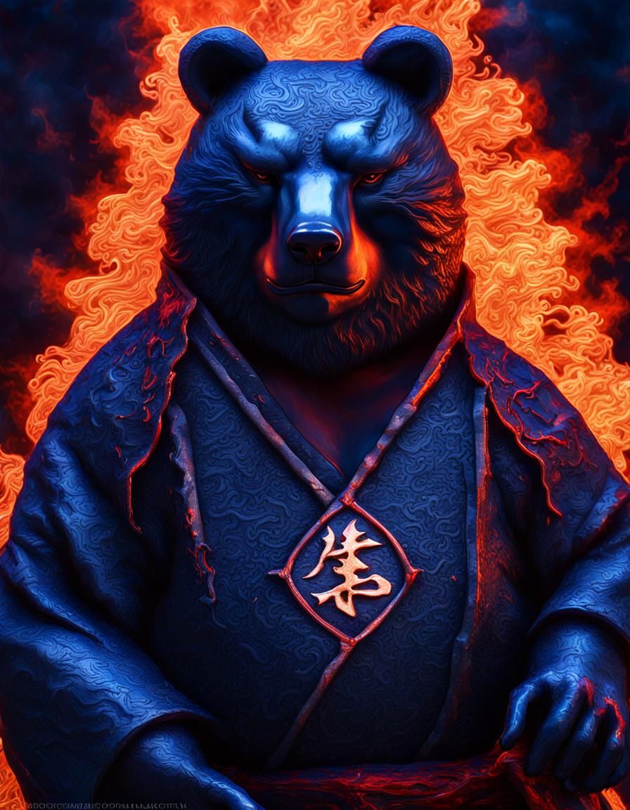 Fiery Ninja Bear Portrait in Hyperrealistic Style