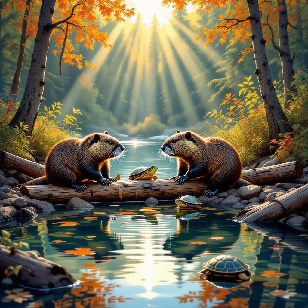 Beavers Building Dam: A Hyperrealistic Wilderness Scene