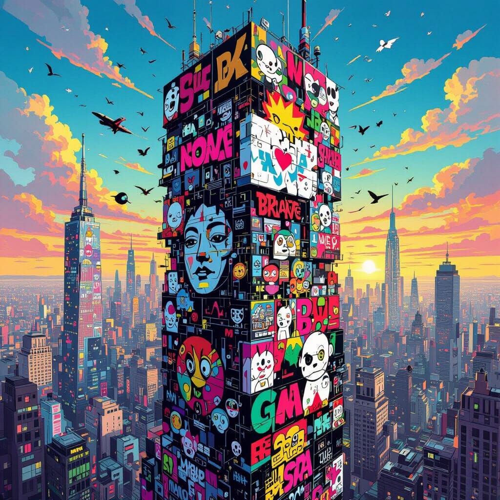 Vibrant Cityscape Mural in Pop Art Style