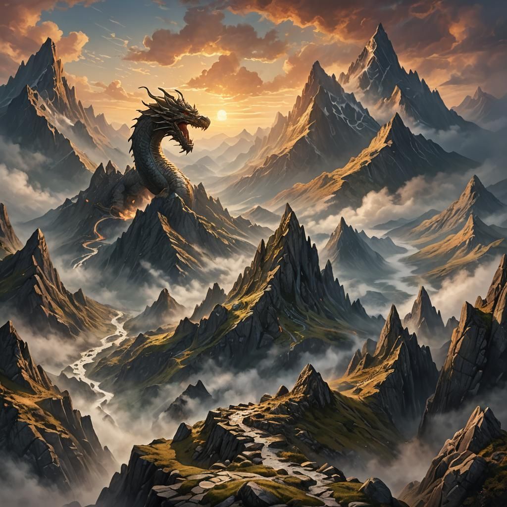 Dragon Emerges from Misty Mountain Landscape