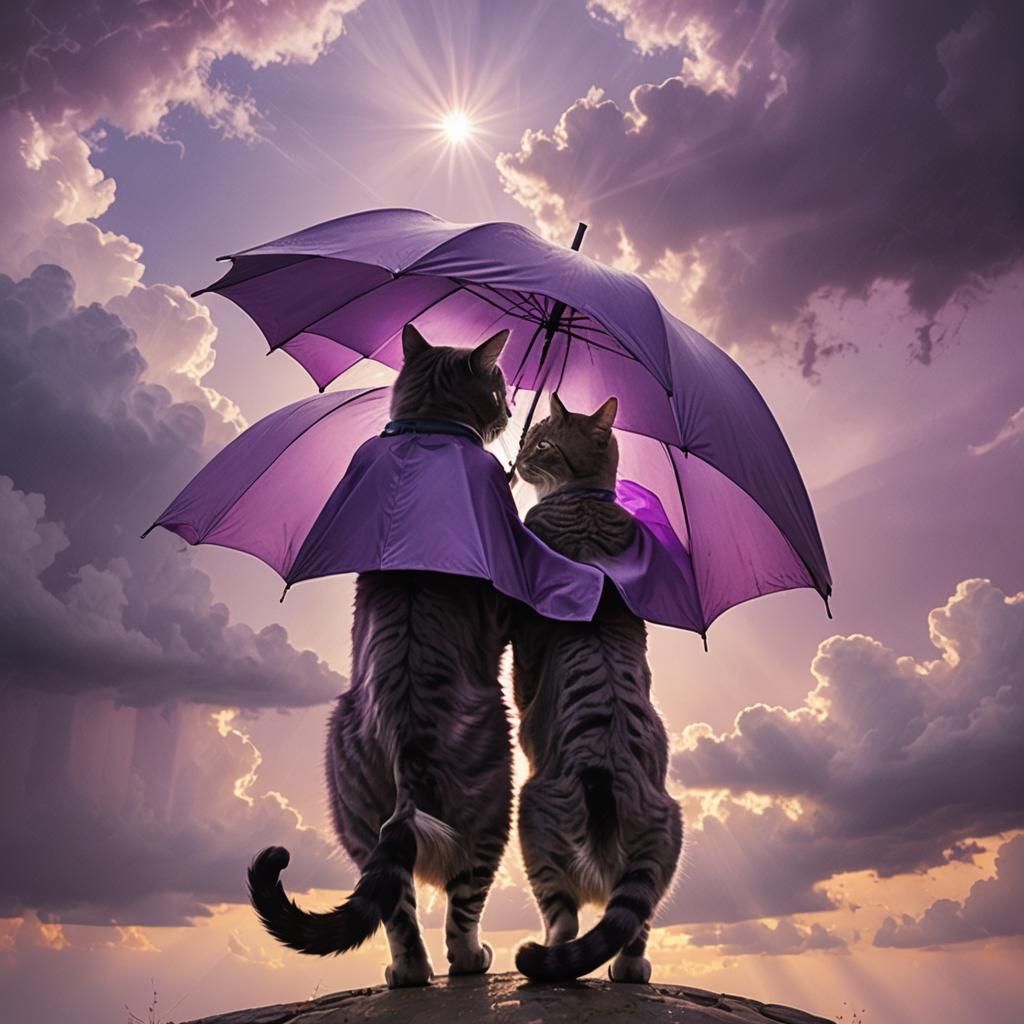Purple Sunset with Cat Couple in Silhouette