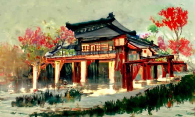 Oriental Pavilion in Ink Wash Painting Style