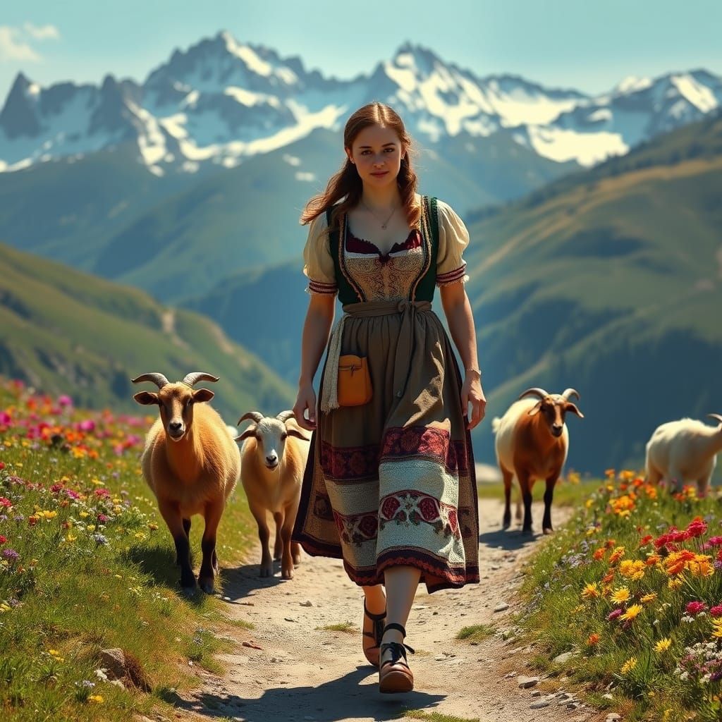 Swiss Woman Herding Goats in Alpine Landscape