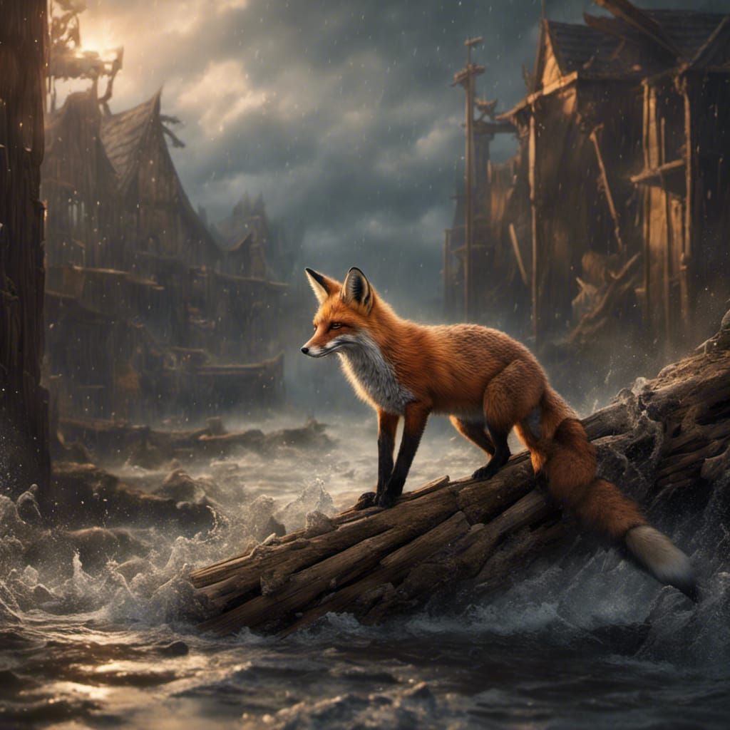 Fox Swept Away in Flood: Detailed Matte Painting