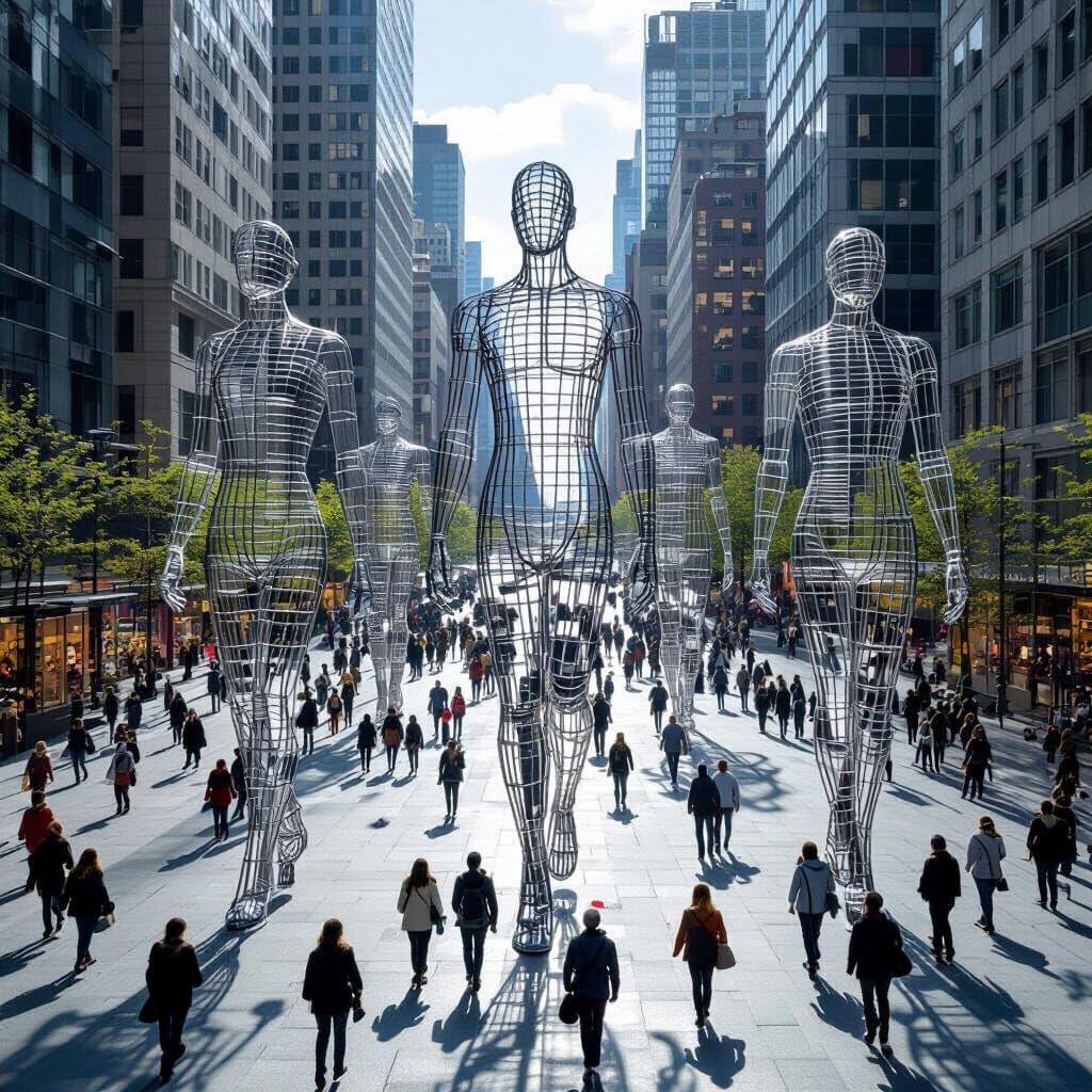 A busy square in an American city with interspersed human-si...