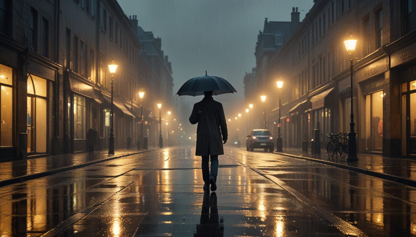 Rainy Street Scene at Golden Hour: Cinematic Still