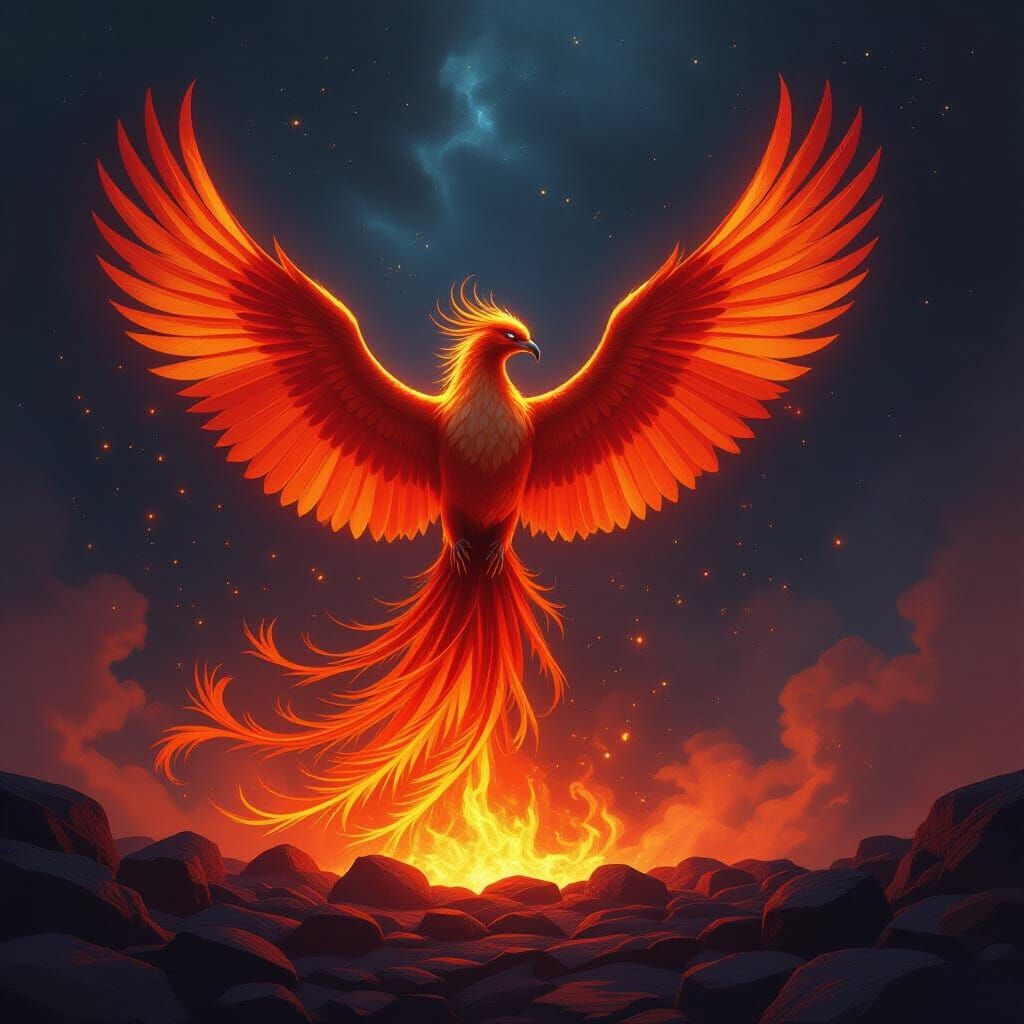 Majestic Phoenix Rises from Embers in Cosmic Nebula
