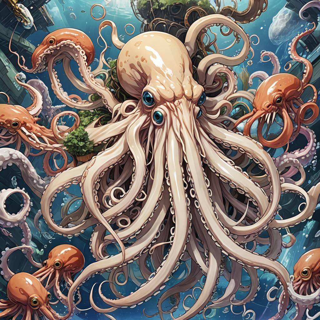 Enormous Squid in Anime Key Visual Style