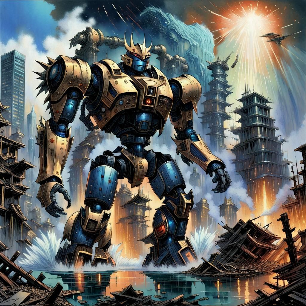 Towering Robot Monster Rampage in Water City