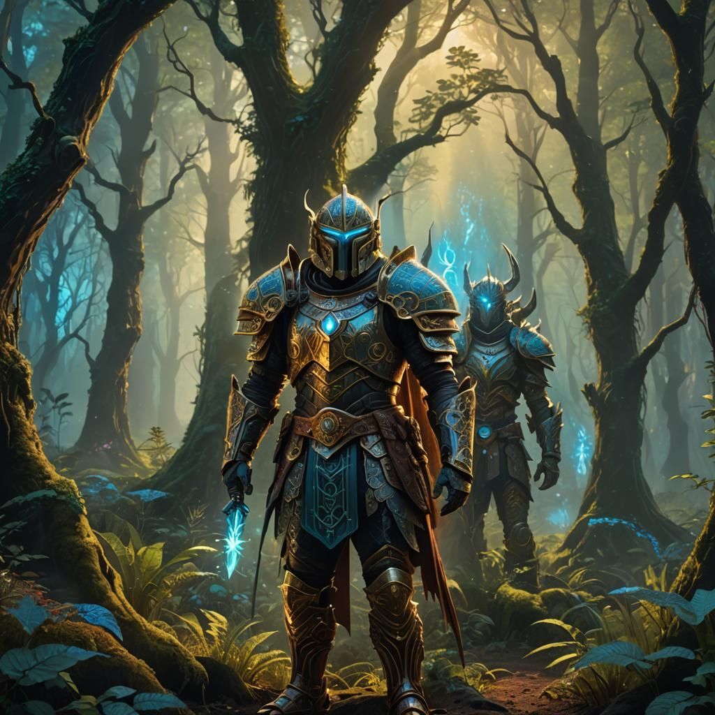 Sci-Fi Warrior in Mystical Forest: Fantasy Concept Art