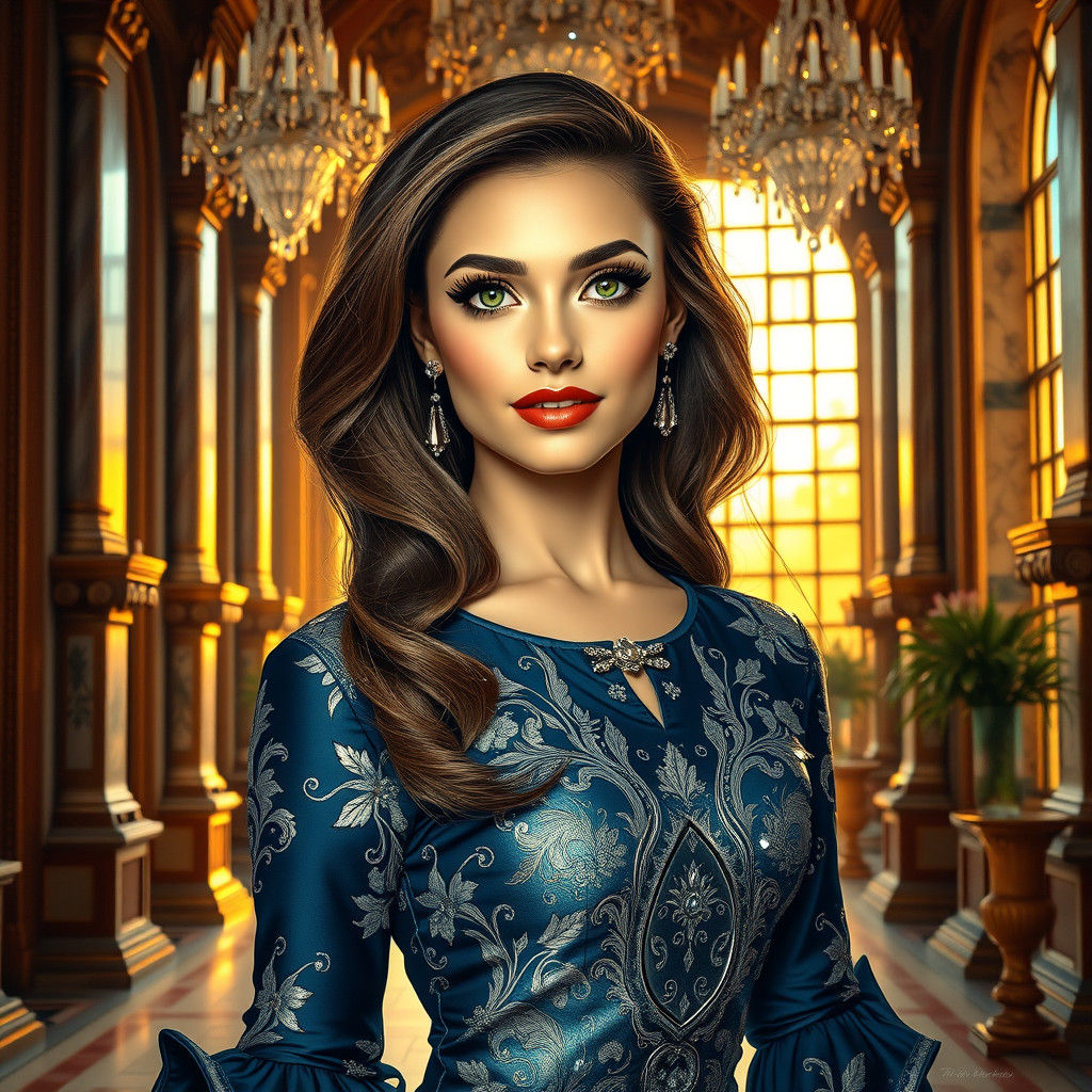 Elegant Woman in Ornate Hall Bathed in Golden Light