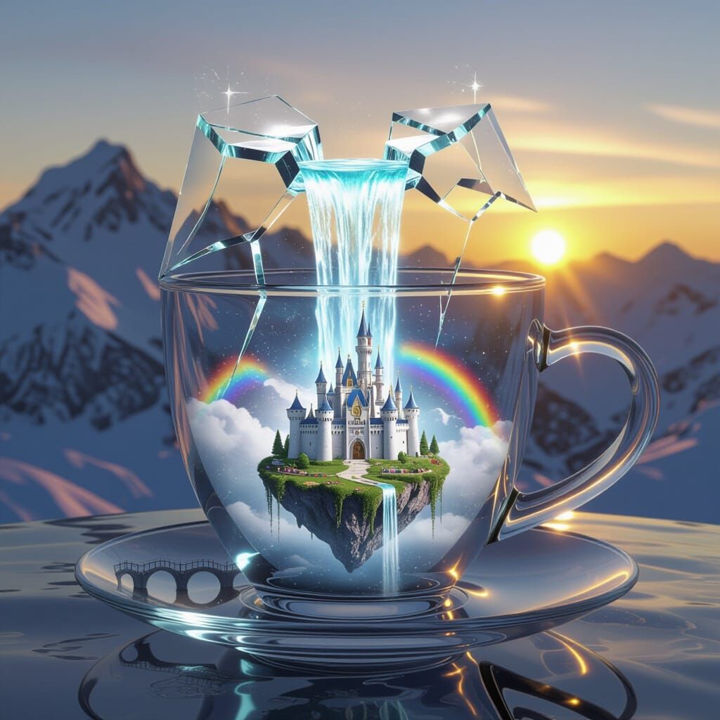 Fantasy Waterfall Flowing From Cracked Glass Cup