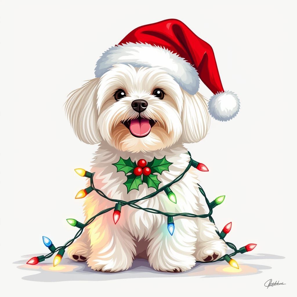 Happy Maltese Dog in Santa Hat with Lights