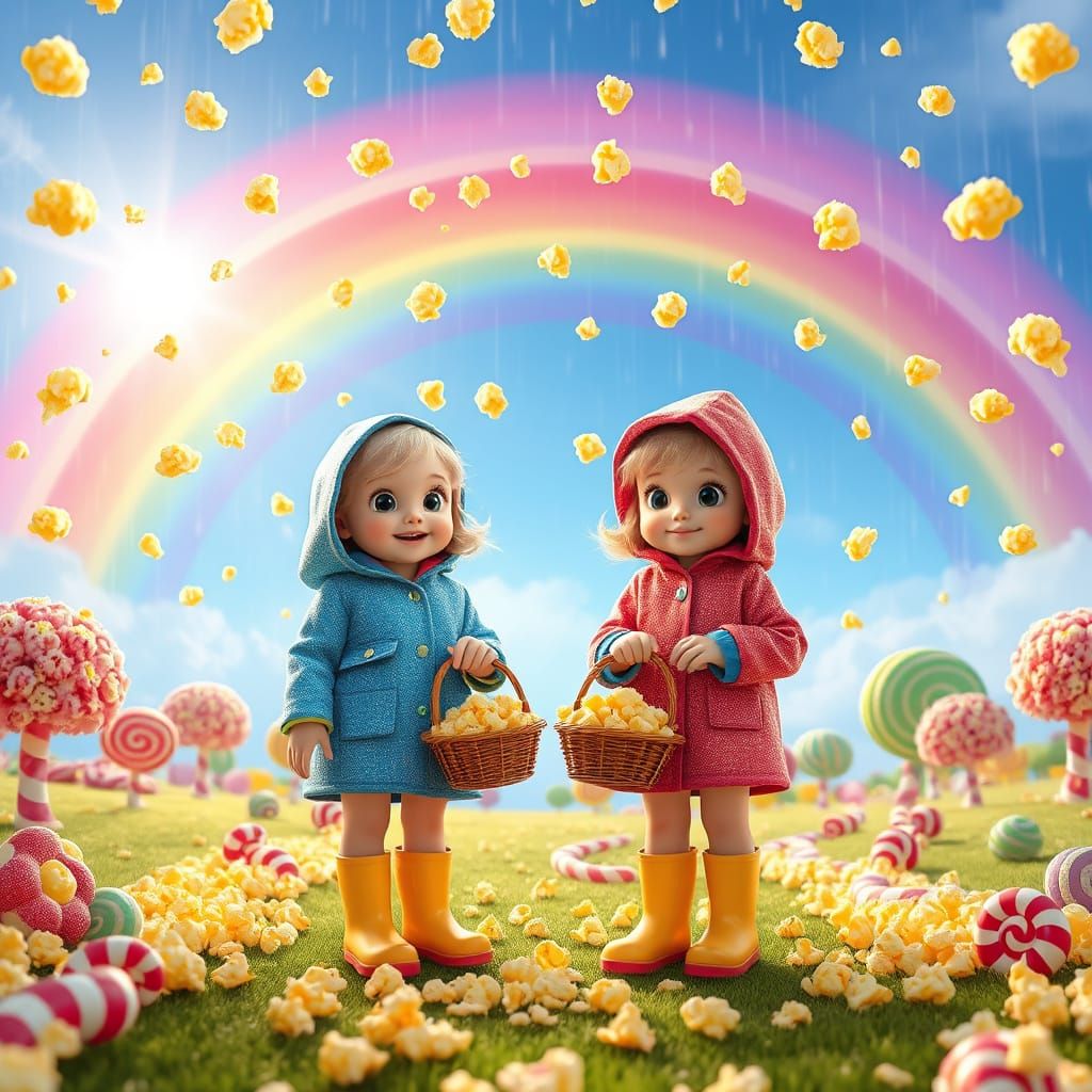 Magical Candy Land Scene with Popcorn Rain