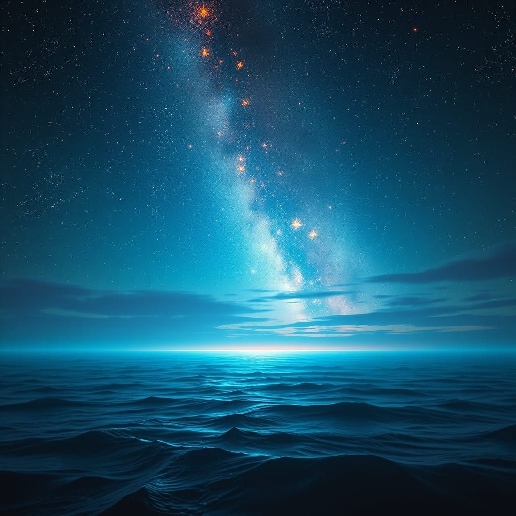 Ethereal Futuristic Night Sky Above Turquoise Ocean