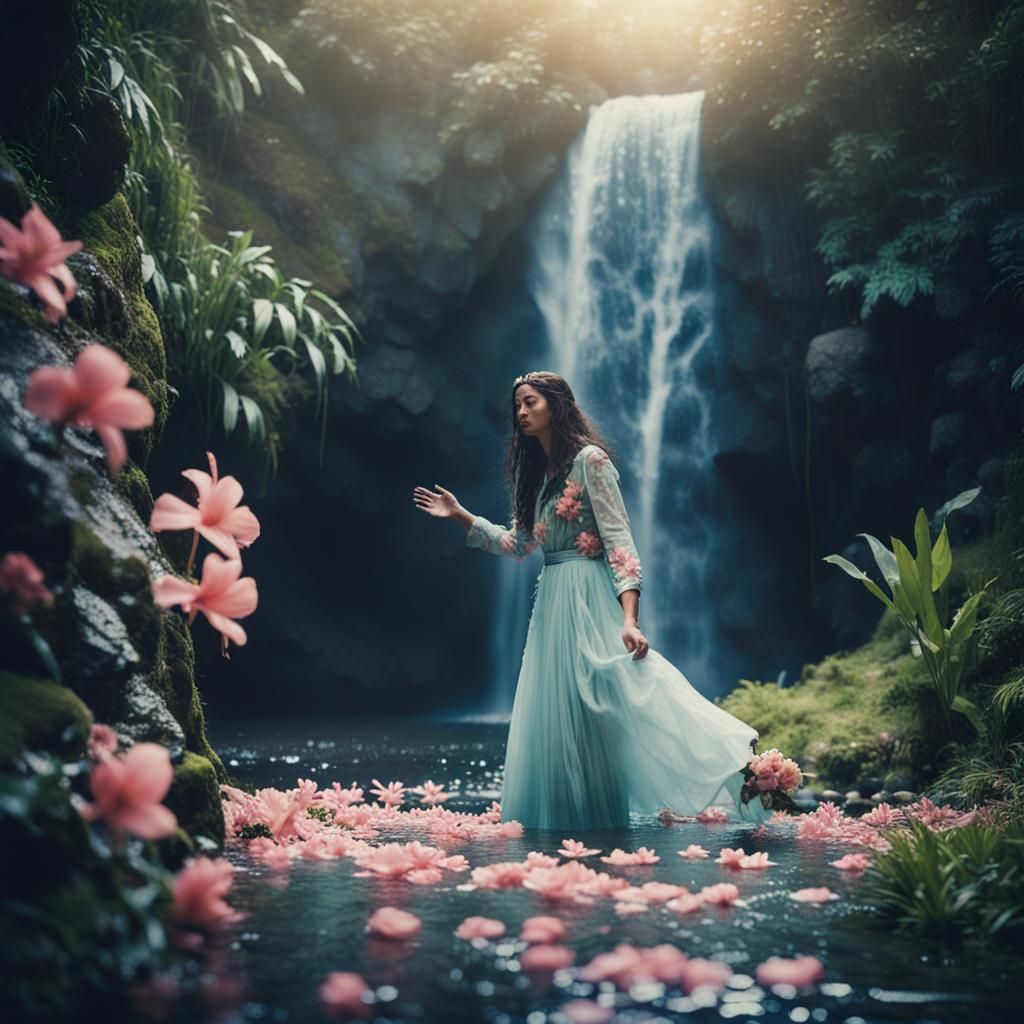 Somber Hawaiian Woman Reaching Through Waterfall