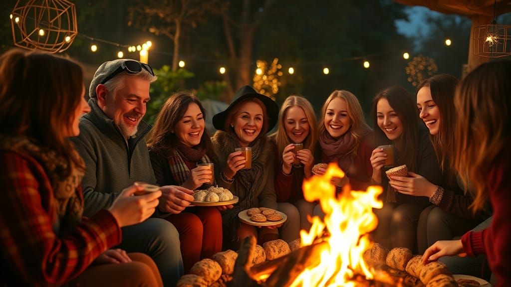Lively Autumn Gathering by Warm Golden Fire