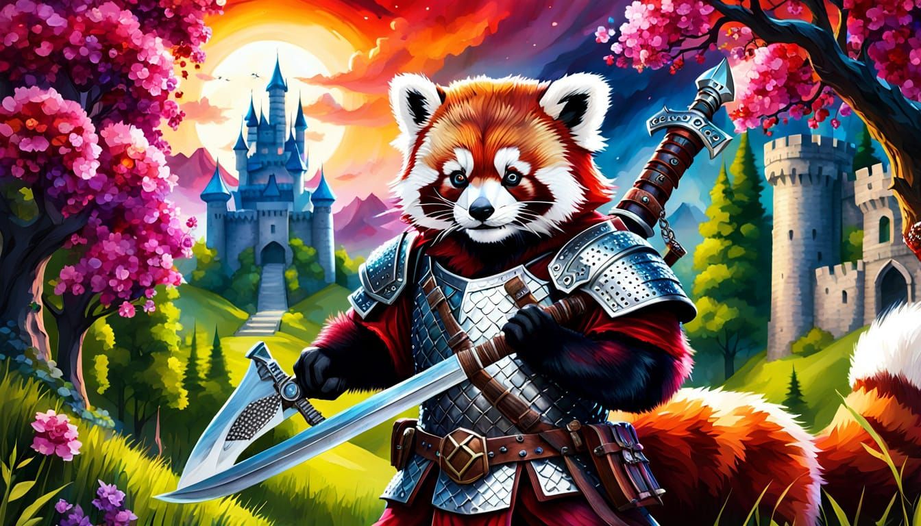 Red Panda Warrior with Axe Before Castle in Alcohol Ink Styl...