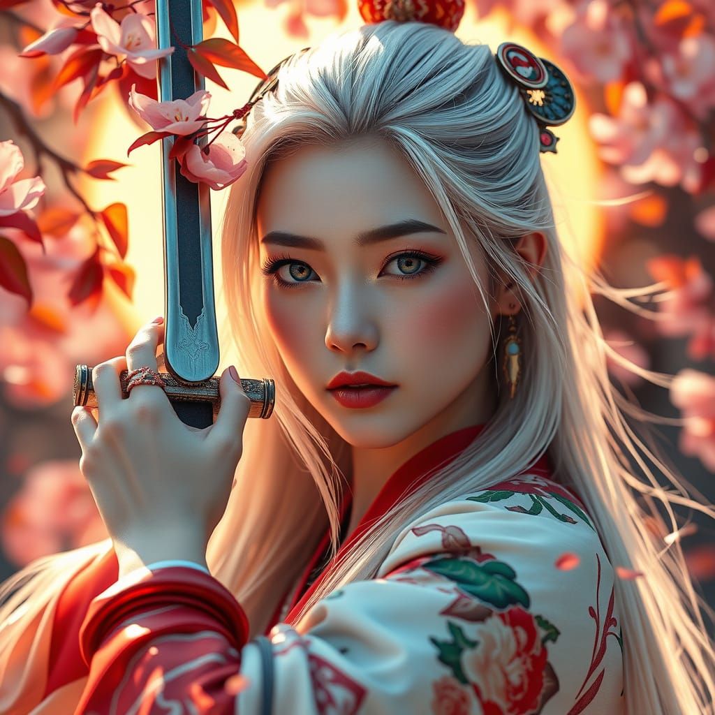 Beautiful Samurai in a Tornado of Leaves