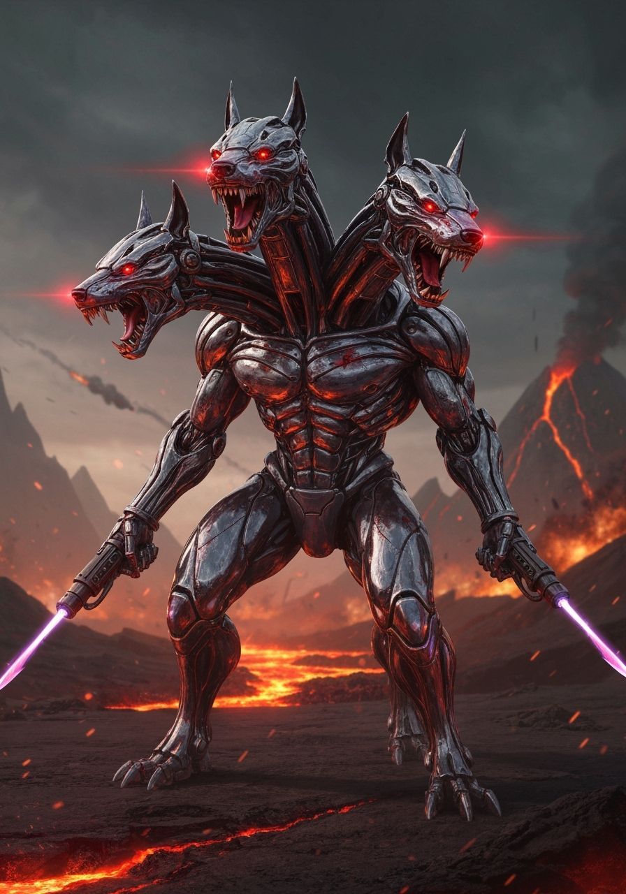 Cyber Cerberus Warrior on Volcanic Battlefield