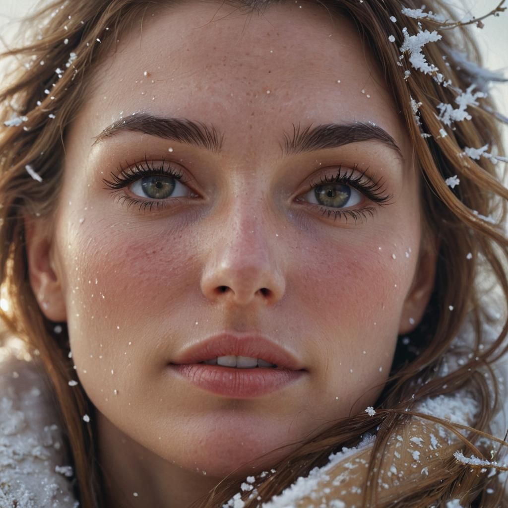 Hyperrealistic Portrait of Woman in Snow