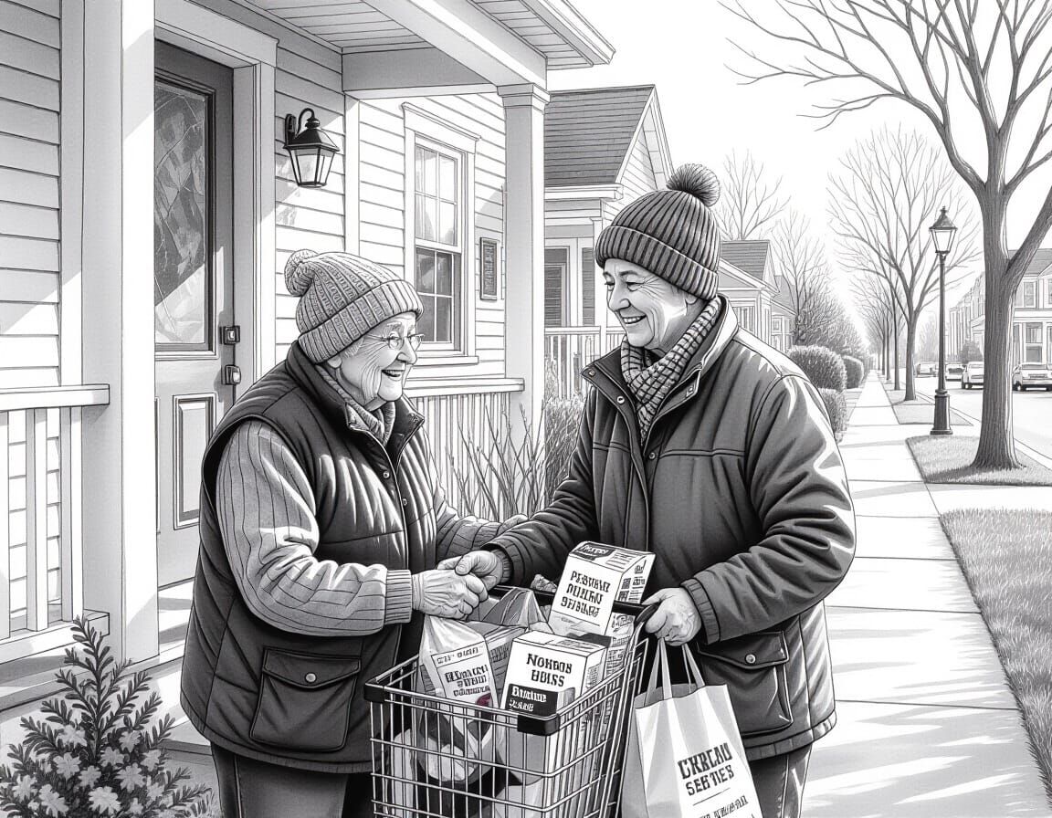 Neighbor Helps Elderly Person With Groceries: Cozy Neighborh...