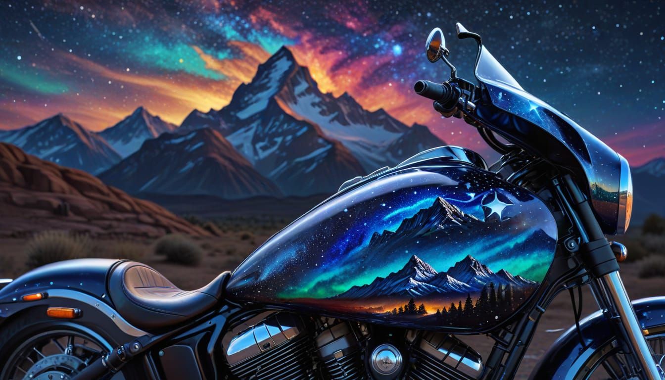 Airbrushed Motorcycle Tank Landscape Under Starry Night