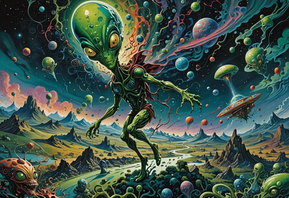 Green Alien in Surreal Landscape, Comic Book Art