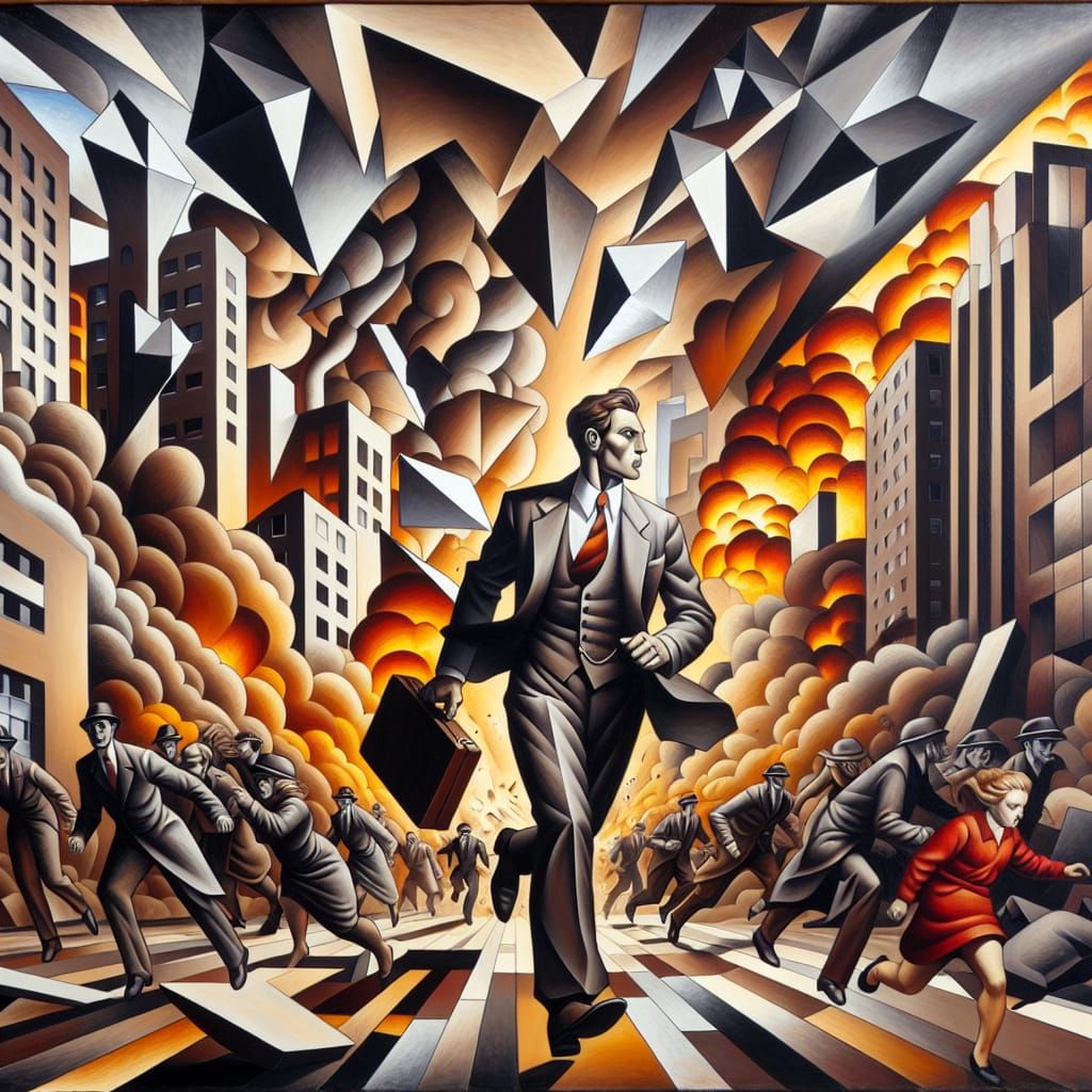 Cubist Cityscape in Chaos With Figures Fleeing
