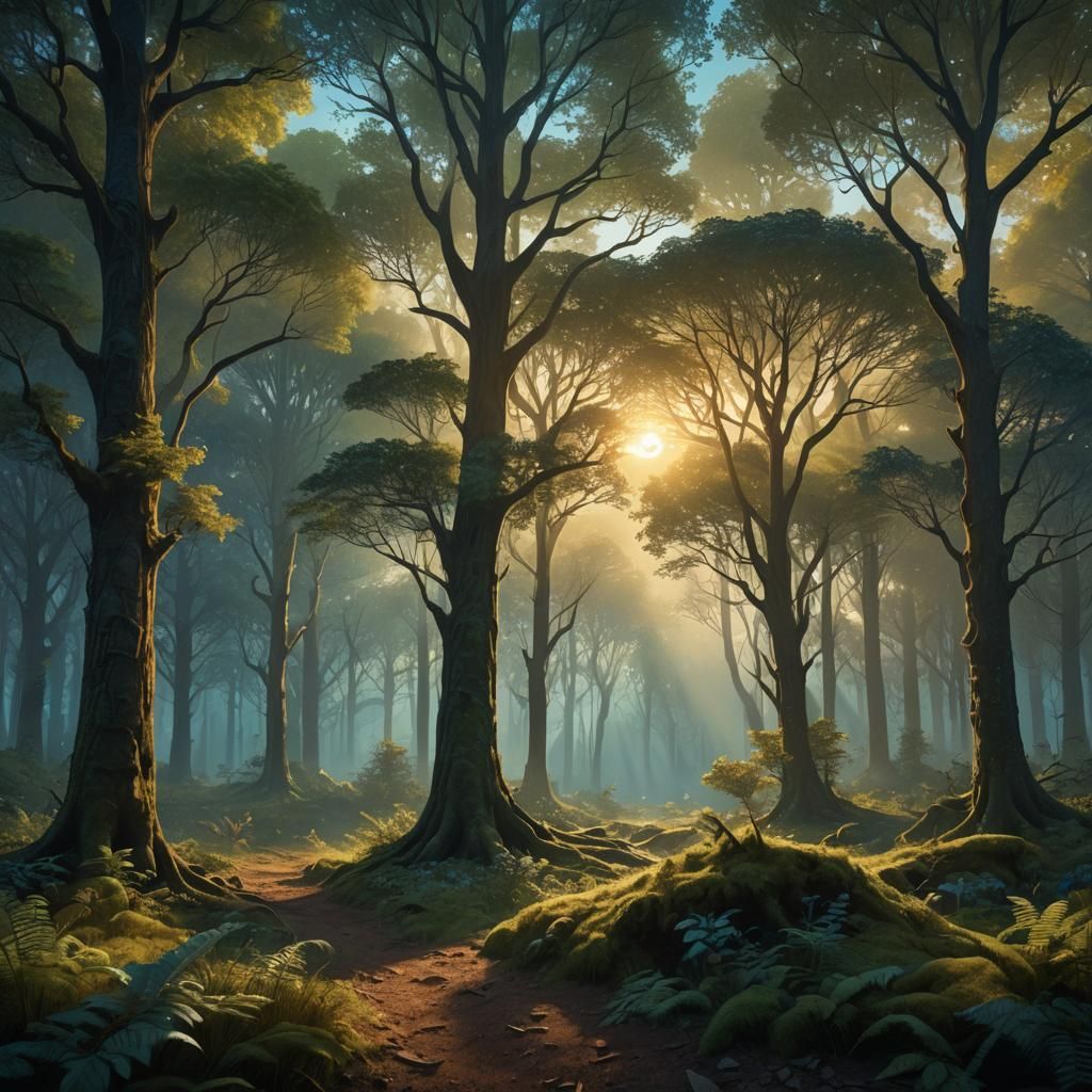 Mystical Forest at Dawn: Fantasy Concept Art