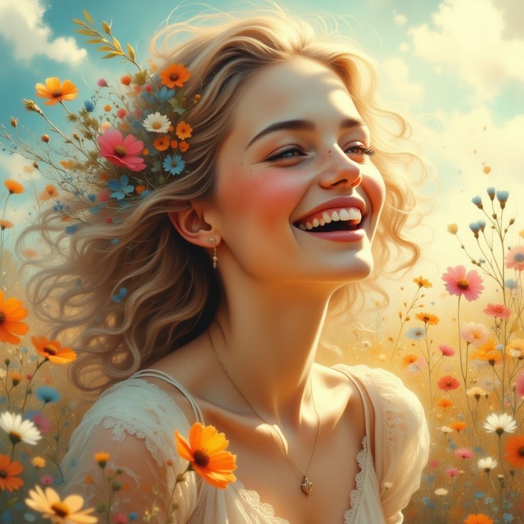 Joyful Laughter in Sunlit Meadow Digital Painting