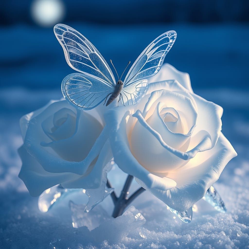 Glistening Ice Sculpture of Roses and Butterfly in Moonlight