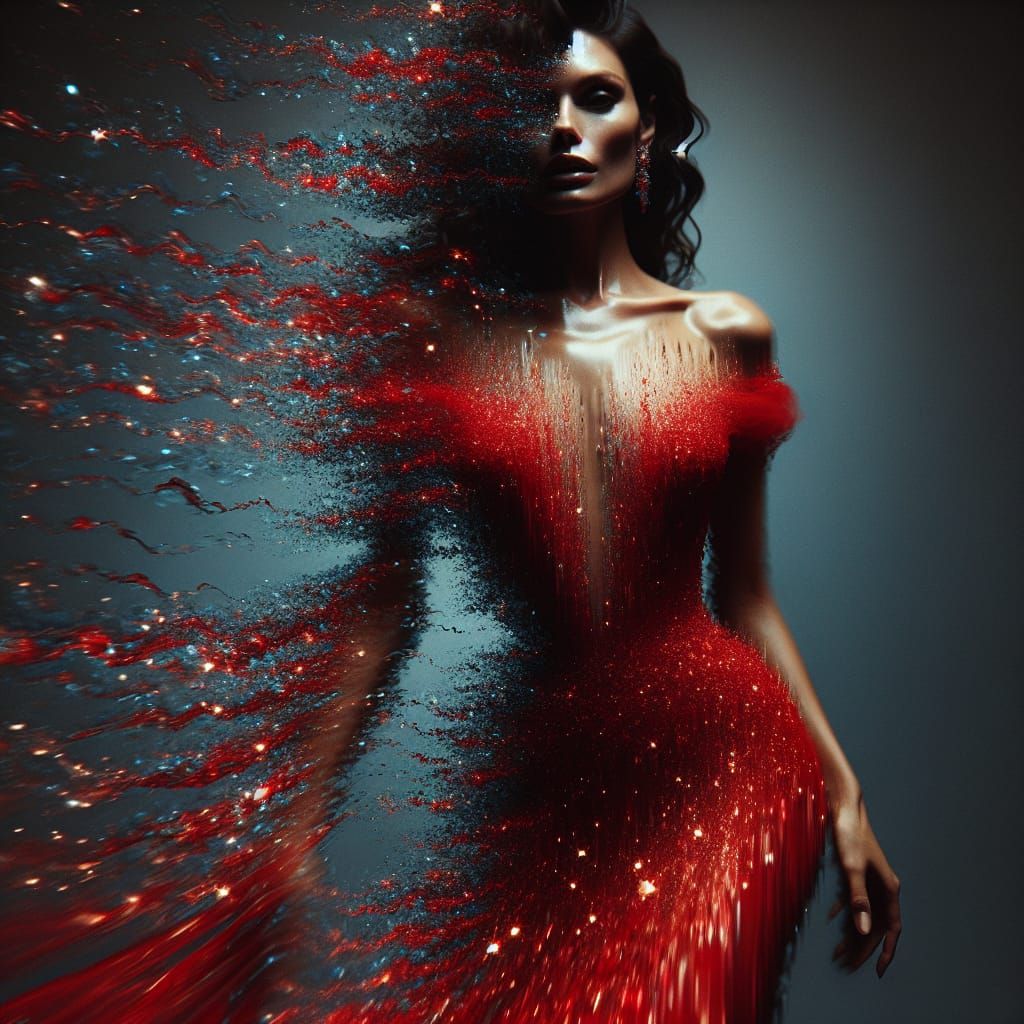 Melting Woman in Red Dress with Glittery Transformation