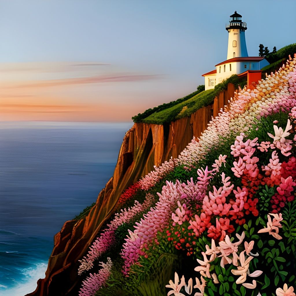 Lighthouse on Flowering Cliff at Sunset