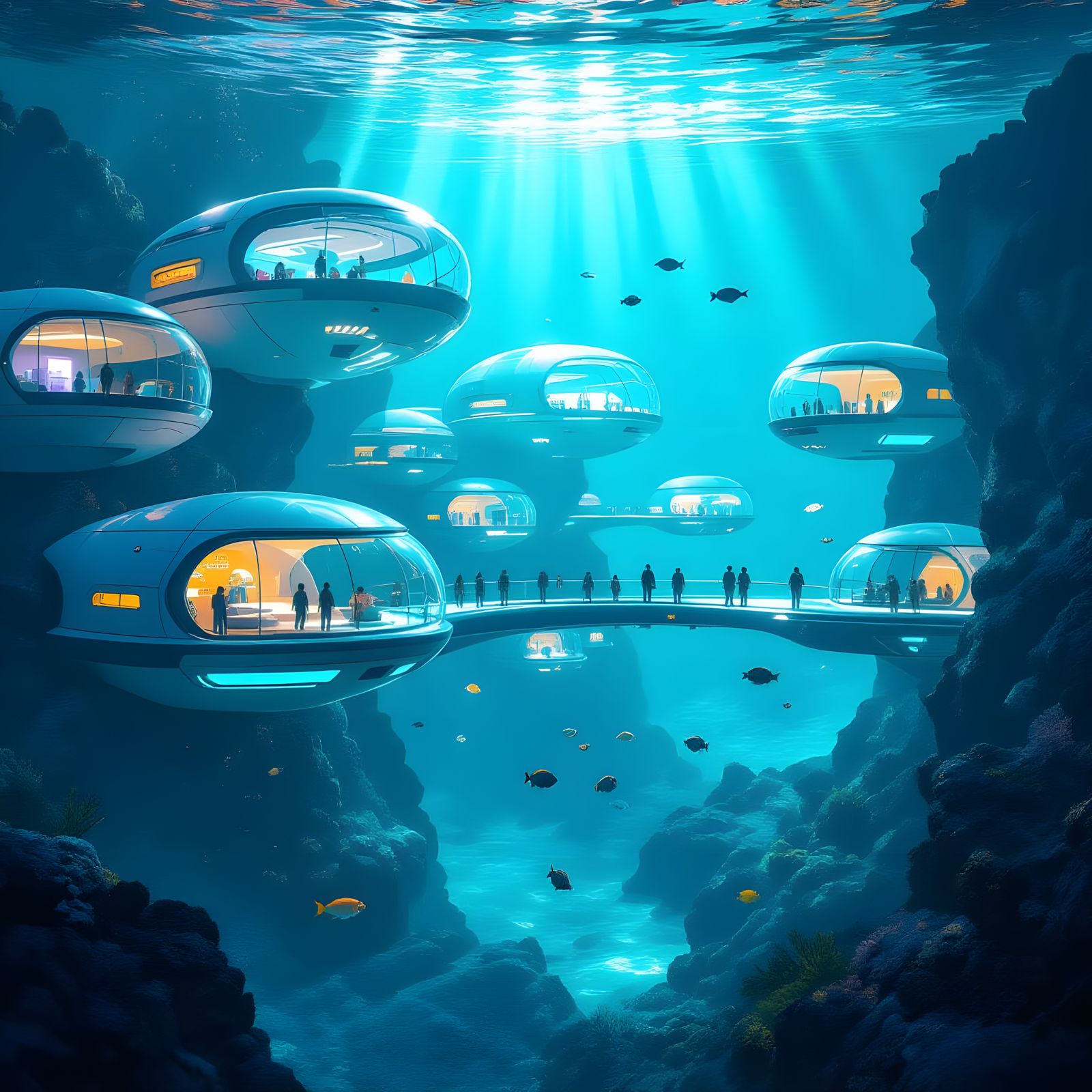 Futuristic Underwater City with Illuminated Pods