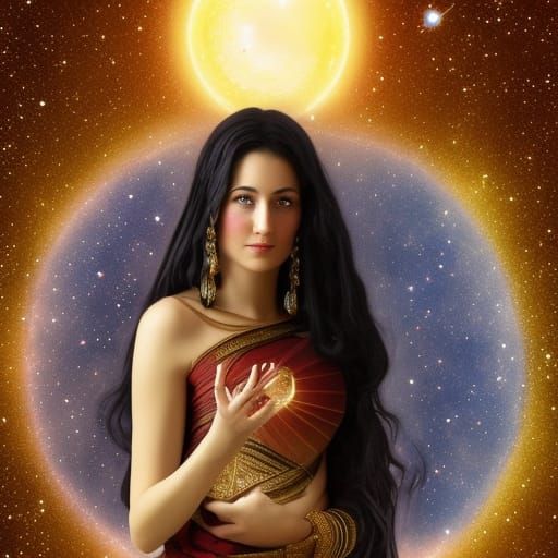 Celestial Woman Holding Sun and Moon in Galaxy