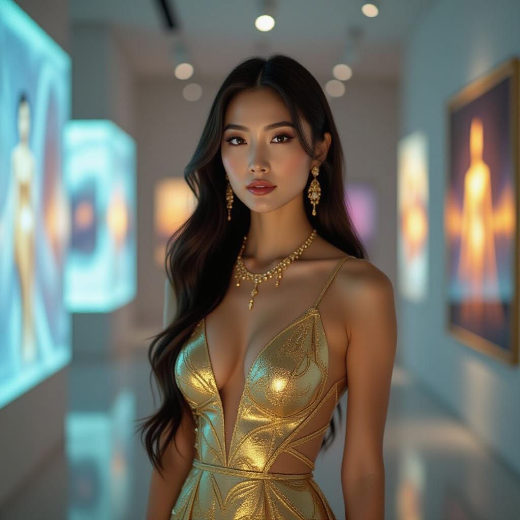 Elegant Woman in Futuristic Gallery with Holographic Art