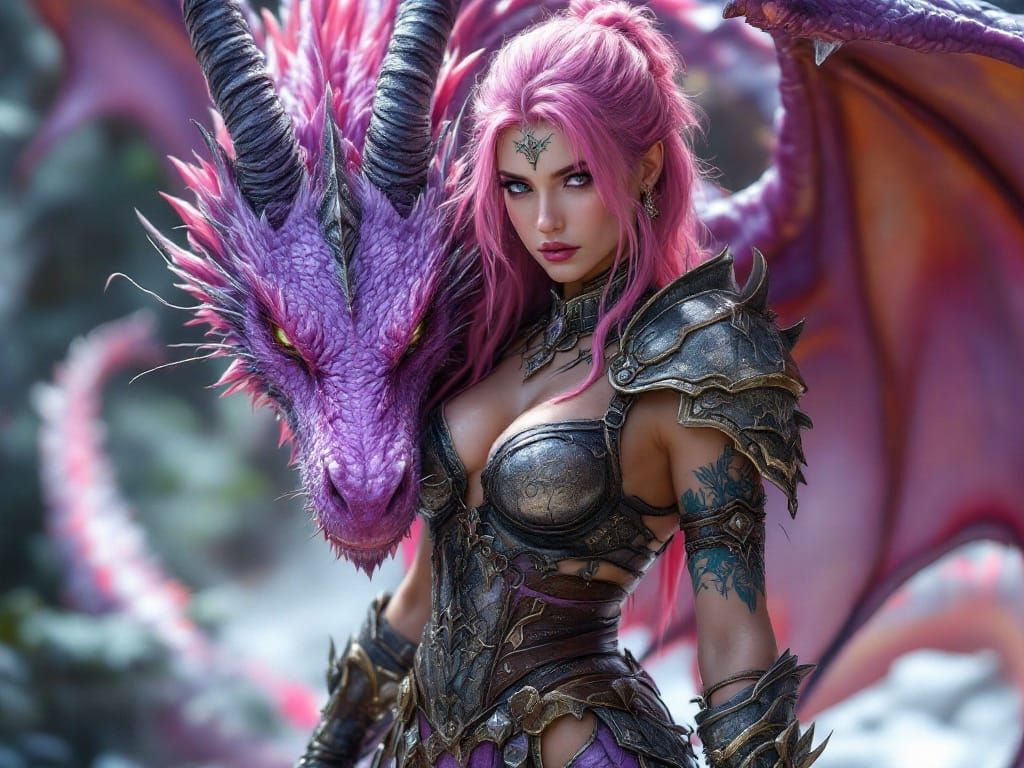 Vibrant Warrior Goddess with Dragon in Epic 8K Fantasy Scene